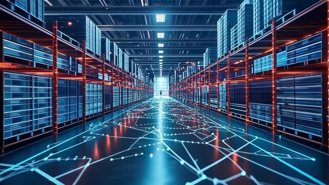 Futuristic warehouse with digital network. Modern logistics and technology.