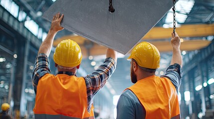 Industrial Precision: Two construction workers with yellow safety helmets and orange vests carefully position a large concrete slab, working together in a bustling industrial setting.