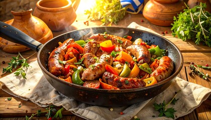 Fried sausages with vegetables in a pan