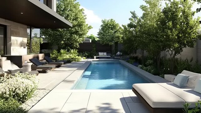 Elegant modern backyard oasis featuring a serene swimming pool, stylish patio furniture, and lush green landscaping for luxurious outdoor living