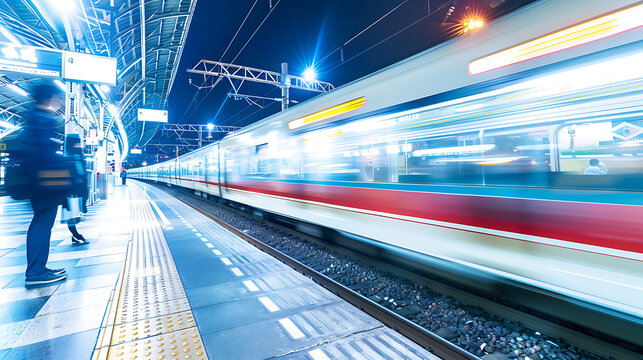 Passenger train in motion at a modern station platform at night