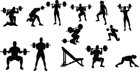 Silhouettes of Men and Women Exercising with Barbells, Performing Gym Workouts, Squats, Lunges, Strength Training, and Weightlifting Poses