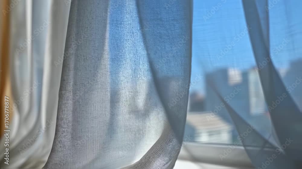 Poster detailed view of sheer thermalinsulated curtains billowing in breeze emphasizing delicate fabric tex