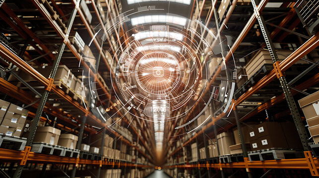 Warehouse interior with futuristic digital overlay and automated inventory system