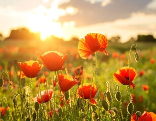 Fototapeta premium Vibrant poppies in a field at sunset