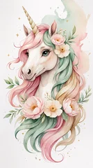 Wandcirkels Eenhoorn dreamy white unicorn painting with fantasy pastel pink green mane and watercolor floral peonies bouquet scene animal fantasy character botanical floral illustration for card or nursery design  © diah