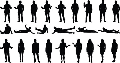 Silhouettes of Men and Women Standing, Talking, Gesturing, and Lying in Business and Casual Poses for Presentation or Design Use
