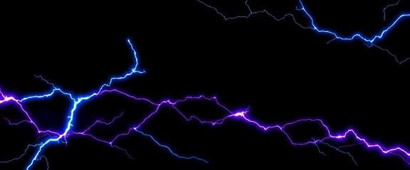 Abstract swirls of electric blue and purple lightning bolts on a black background,   fiery,  digital art