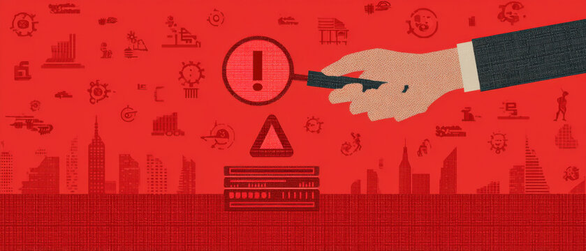 Cybersecurity Warning Illustration with Magnifying Glass and Red Background