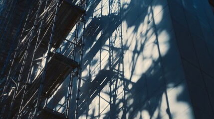 Scaffolding shadows on building wall during construction.