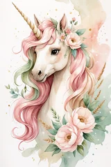 Wandcirkels Eenhoorn magical unicorn fantasy scene with watercolor pastel mane and blooming pink peonies garden floral background animal fantasy character botanical floral illustration for card or nursery design  © diah