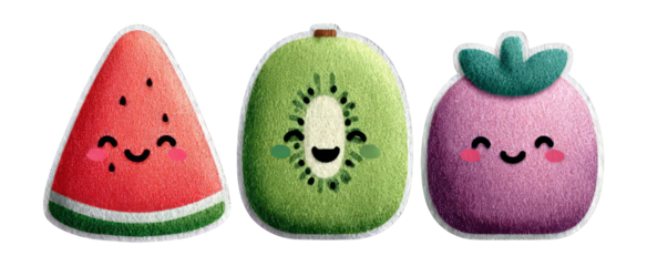 Cute Cartoon Fruits with Smiling Faces on Transparent Background