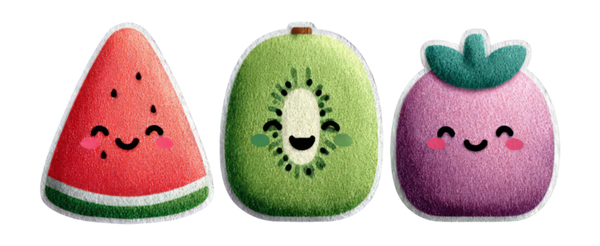 Cute Cartoon Fruits with Smiling Faces on Transparent Background