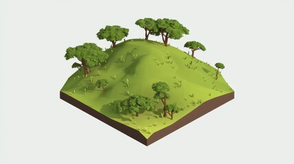 Low-poly isometric illustration of a grassy hill with trees.