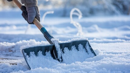 Person shovels snow on a snowy day.