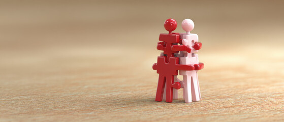 3D Puzzle People Hugging on Wooden Background - Love and Connection Concept