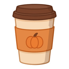 Takeaway paper coffee cup with lid and carton sleeve designed pumpkin. Pumpkin spice latte hot drink to go. Flat vector illustration isolated on white background.