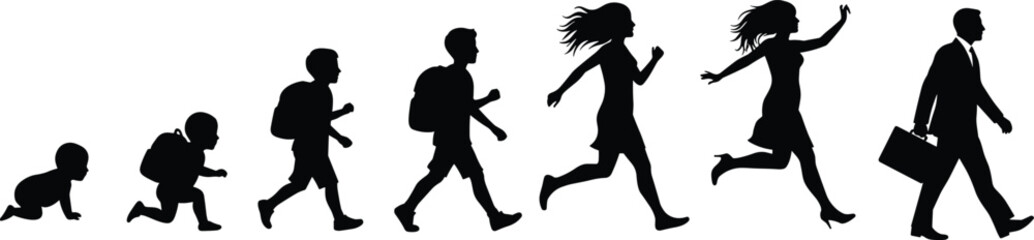 Silhouettes showing human life stages from baby to businessman, walking, running, growth, development, progress, evolution, vector illustration concept.