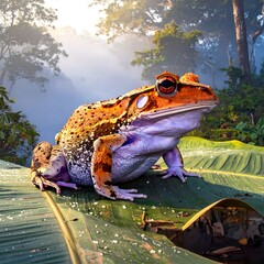 Frog on a leaf in a misty forest
