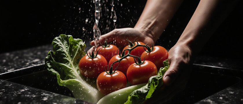 close up of hands washing ripe cherry tomatoes and lettuce under running water in kitchen sink | food, healthy eating, cooking, produce, vegetarian theme - Powered by Adobe