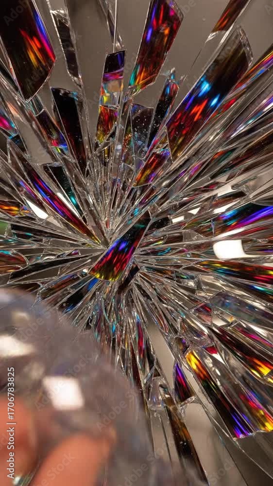 Poster abstract installation of reflective panels with rainbow hues from a low angle perspective in a minim