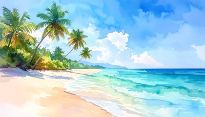 A tropical beach watercolor with palm trees, blue water, and a sunny sky