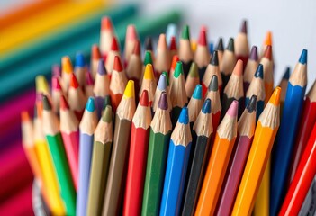 Fototapeta premium Close-up of assorted colorful markers and pencils in a cup, organized, back to school