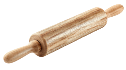 Wooden rolling pin, light tan/beige color,  cylindrical,  with handles