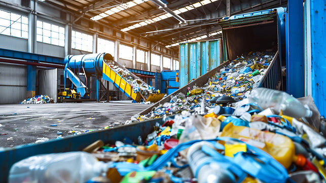 Industrial recycling facility with conveyor belt processing mixed plastic waste
