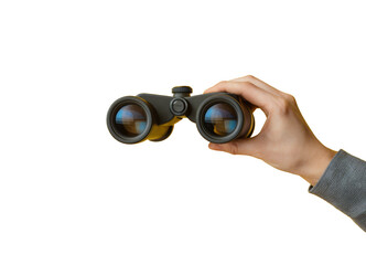 binoculars in hand, black background