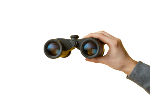 binoculars in hand, black background