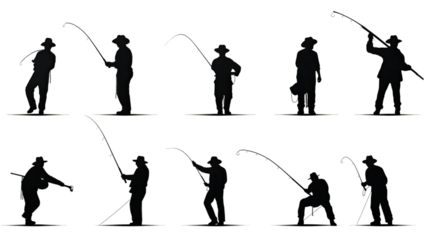 Silhouette of a man with fishing rod on white background
