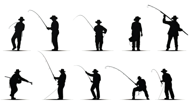 Silhouette of a man with fishing rod on white background