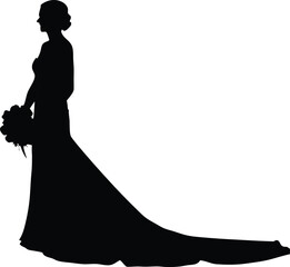 Elegant Bride Silhouette with Wedding Dress and Bouquet