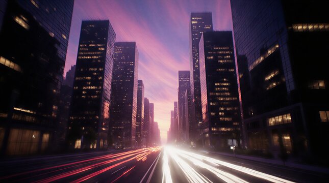 vibrant futuristic cityscape with glowing digital trails and a purple illuminated effect | futurism, technology, night, urban, cityscape theme