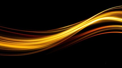 Abstract golden light trails flowing in a dynamic wave against a stark black background