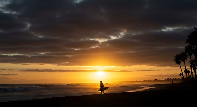Surfer silhouetted at the beach during sunset - Powered by Adobe