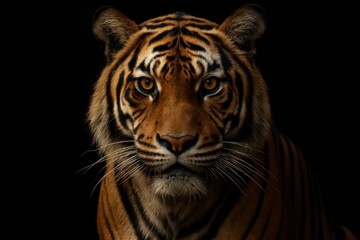 Fototapeta premium Majestic Bengal tiger portrait with intense golden eyes against dramatic black background creating powerful wildlife photography for conservation themes