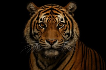 Fototapeta premium Majestic Bengal tiger portrait with intense golden eyes against dramatic black background creating powerful wildlife photography for conservation themes
