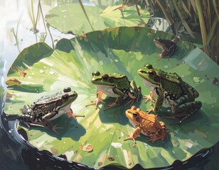 Frogs resting on a giant lily pad