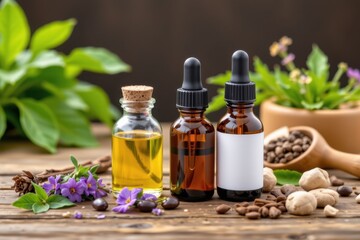 Natural herbal essential oils in small glass bottles with fresh plants and aromatic herbs on rustic wooden surface for alternative medicine and wellness