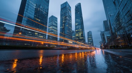 Rainy cityscape with streaking lights reflecting on wet streets at dusk