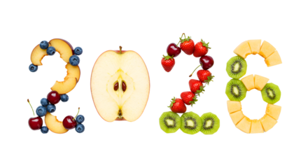 2026 formed with fresh fruits like apple, kiwi, strawberries and blueberries on black background, healthy food concept, perfect for New Year digital designs