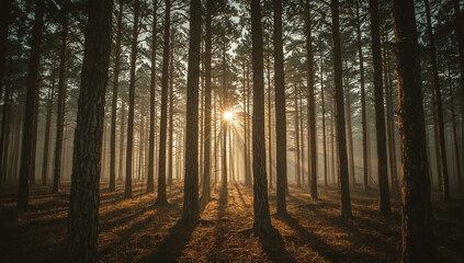 Sunlight piercing through a dense pine forest, casting long shadows on the forest floor.