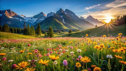 Fototapeta premium Serene Sunset Panorama Vibrant Wildflower Meadow Adorned with Majestic Mountain Peaks at Golden Hour