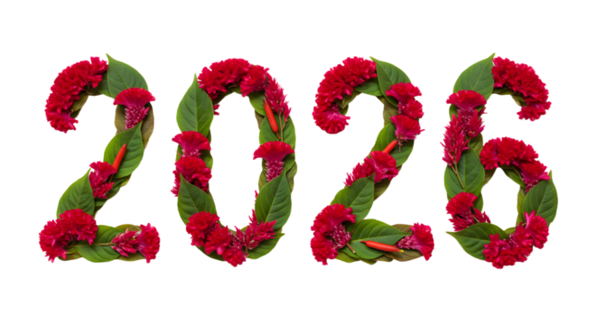 2026 numbers made of red flowers and green leaves on white background, floral decoration perfect for New Year or spring events