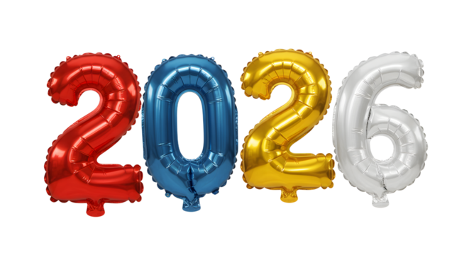 2026 foil balloons in red, blue, gold, and silver isolated on white background, perfect for New Year celebrations and party decorations