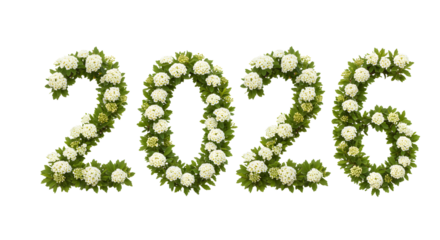 2026 made of white roses and green leaves floral arrangement, decorative numbers for New Year celebrations