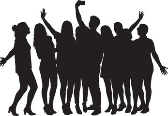 Happy Young People Group Celebrating Taking Selfie Silhouette Vector