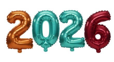 2026 number balloons in metallic colors isolated on white background, perfect for New Year and celebration events